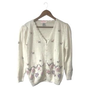 Vintage GrannyCore Cardigan Sweater Floral Embroidery Pearl Buttons Cutesy XL
